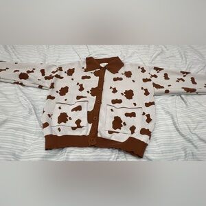 Cow print Cardigan - Brown & White Button Up Sweater -  front pockets